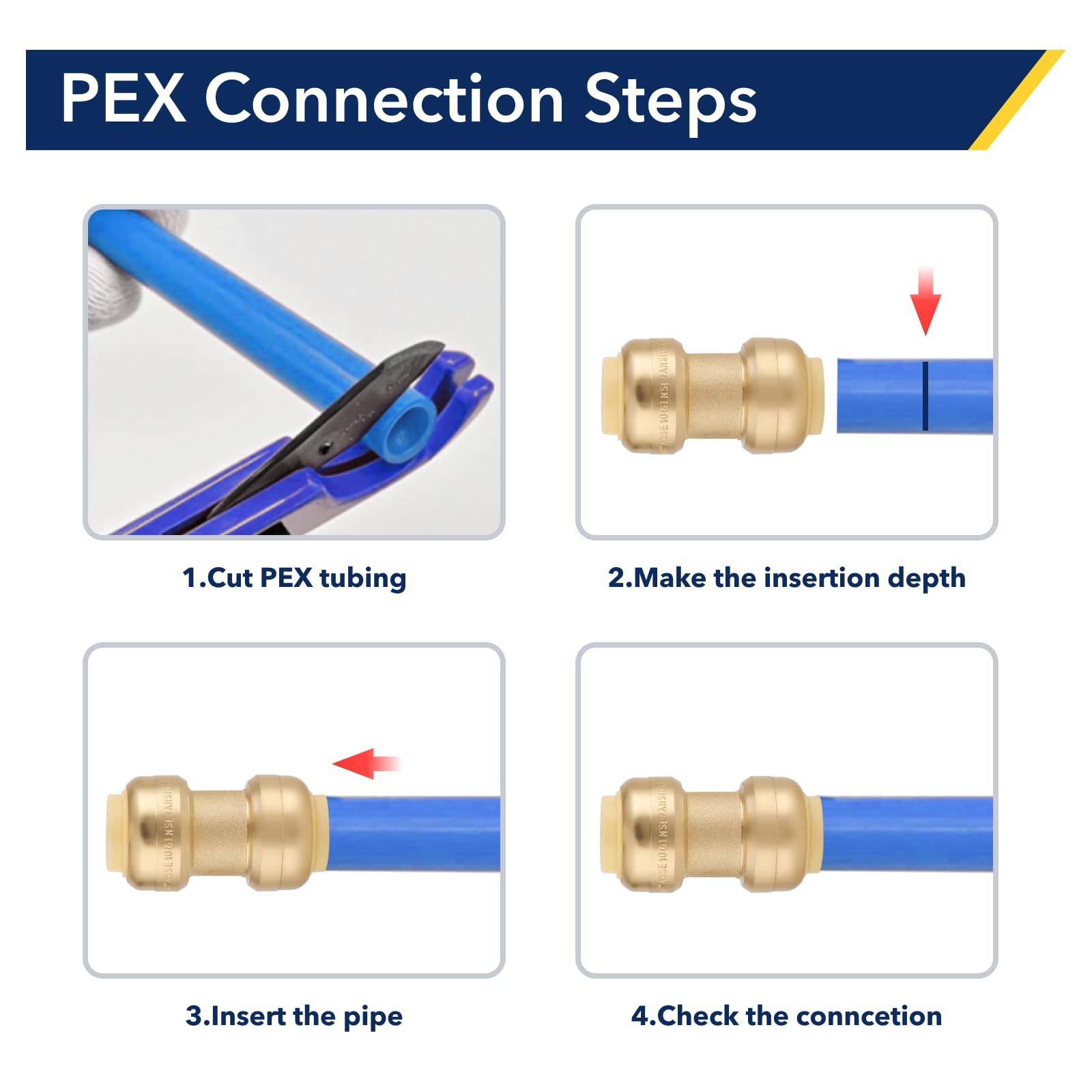 Accesorio de tubería de latón, accesorios rectos de ajuste a presión de 1,27 cm con clip de desconexión para tubos de cobre, PEX, CPVC, anticorrosión, múltiples certificaciones (paquete