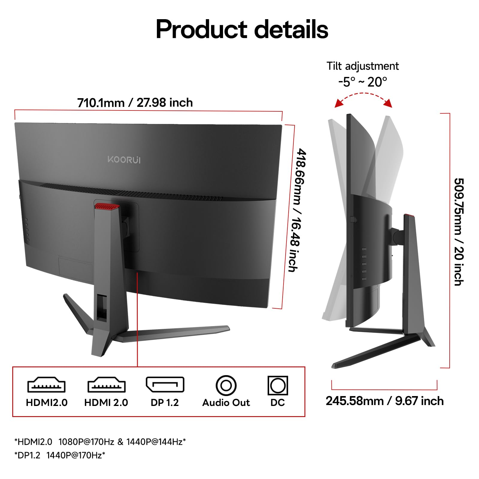 KOORUI 32 inch Curved Gaming Monitor,1440p(2560x1440),170Hz.1ms, 2K, QHD,VA 1500R, HDR10,Adaptive Sync, VESA & Eye Care Ultra-Thin Support DP/HDMI G3221SC — view 8