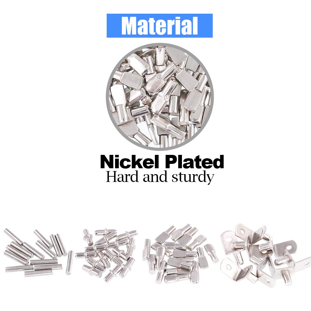 Glarks 120-Pieces 4 Styles Shelf Bracket Pegs Cabinet Furniture Shelf Pins Support Nickel Plated - Silver — Amazon image 4
