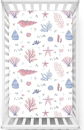 Sábana bajera ajustable para cuna con temática costera, sábana bajera estándar para cuna para niño o niña, 28 x 52 pulgadas, rubor blanco y azul