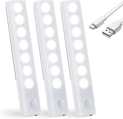 JXJMEI Luces para debajo del gabinete, sensor de movimiento USB-C recargable LED para armario, luz magnética ultrafina que funciona con pilas para