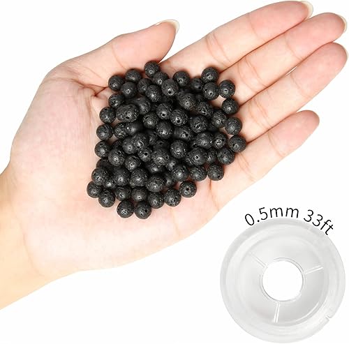 Miniatura 4 de NITOPUPU 100 cuentas redondas sueltas de lava volcánica negra natural de 0.315in para hacer joyas con cordón elástico de cristal