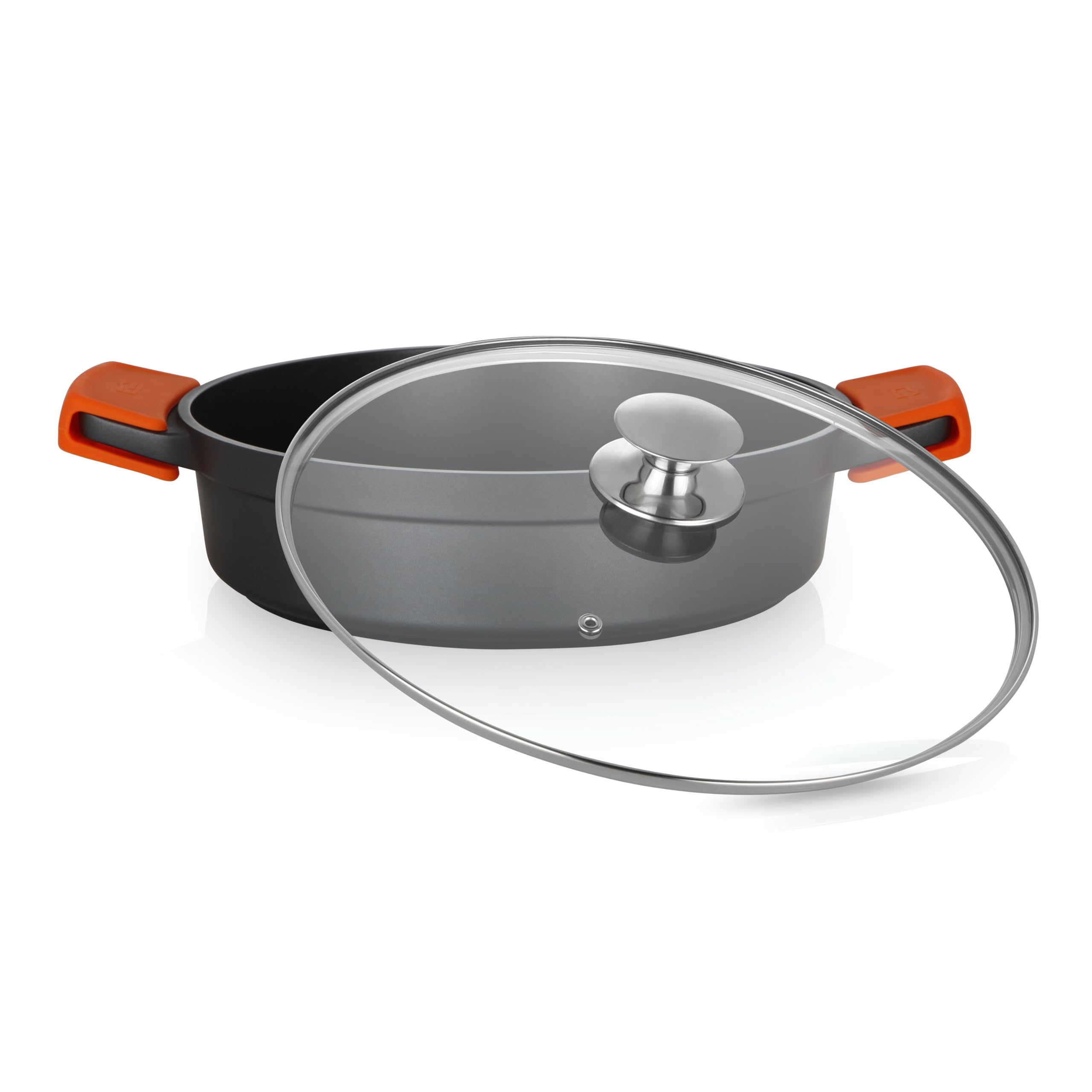 Orbegozo CDB 1036 - Casseruola bassa in alluminio forgiato, 8 L, superficie antiaderente senza PFOA, manici in silicone, coperchio in vetro temperato