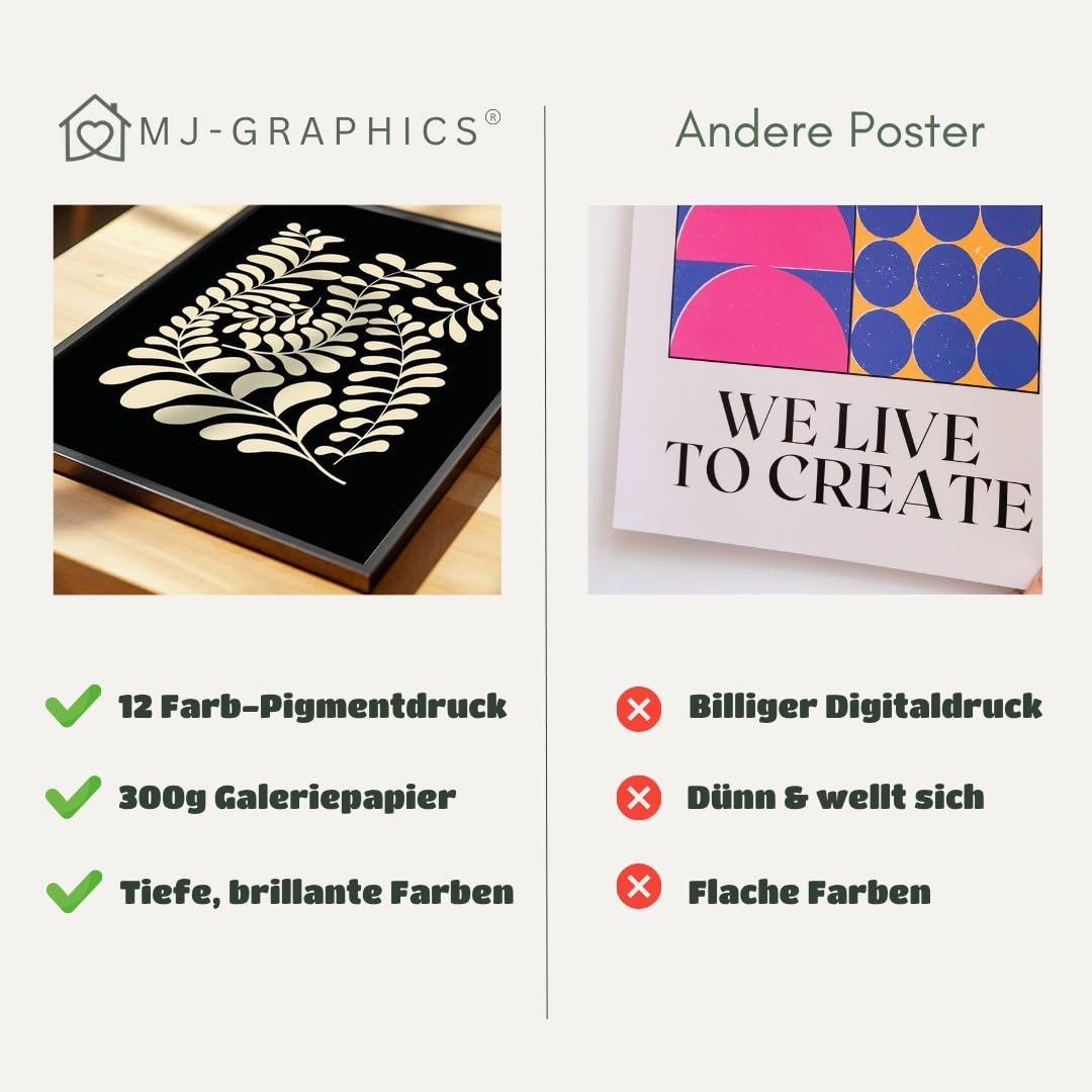 MJ-GRAPHICS® Poster Blätter Kunstdruck minimalistisch Wandbild Beige Wohnzimmer Deko modernes Design Pflanzen Wohndeko inspirierende Wanddeko elegantes Flair A2 mit schwarzem Rahmen