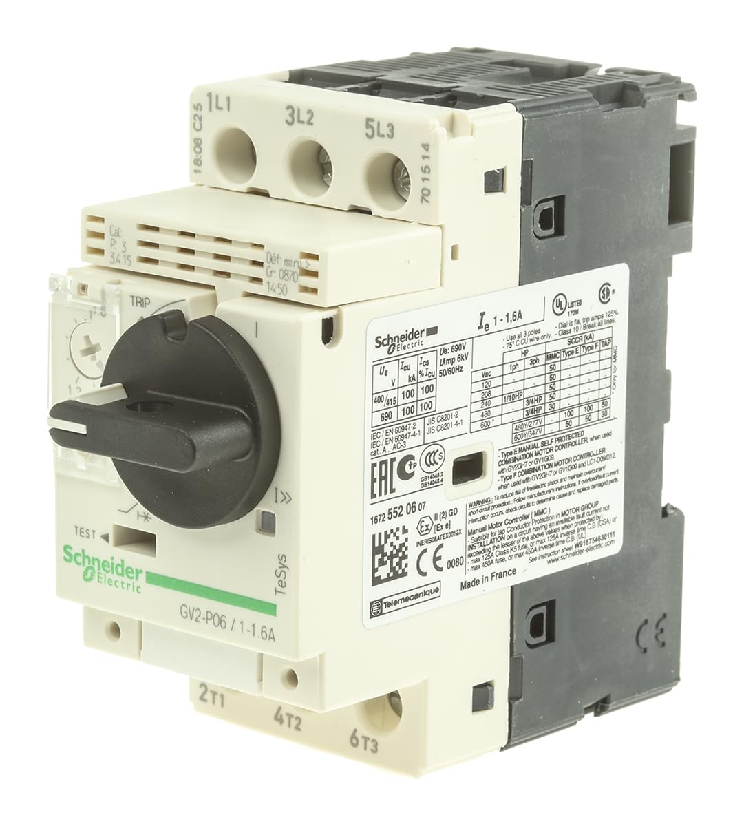SCHNEIDER GV2P06 - Disjoncteur moteur GV2P 1 à 1,6 A 3P 3d déclencheur magnétothermique