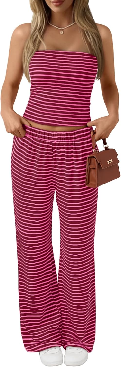 Trendy Queen Womens 2 Piece Lounge Sets Matching Summer Beach Vacation Outfits 2026 Striped Tube Tops Pants Travel Clothes