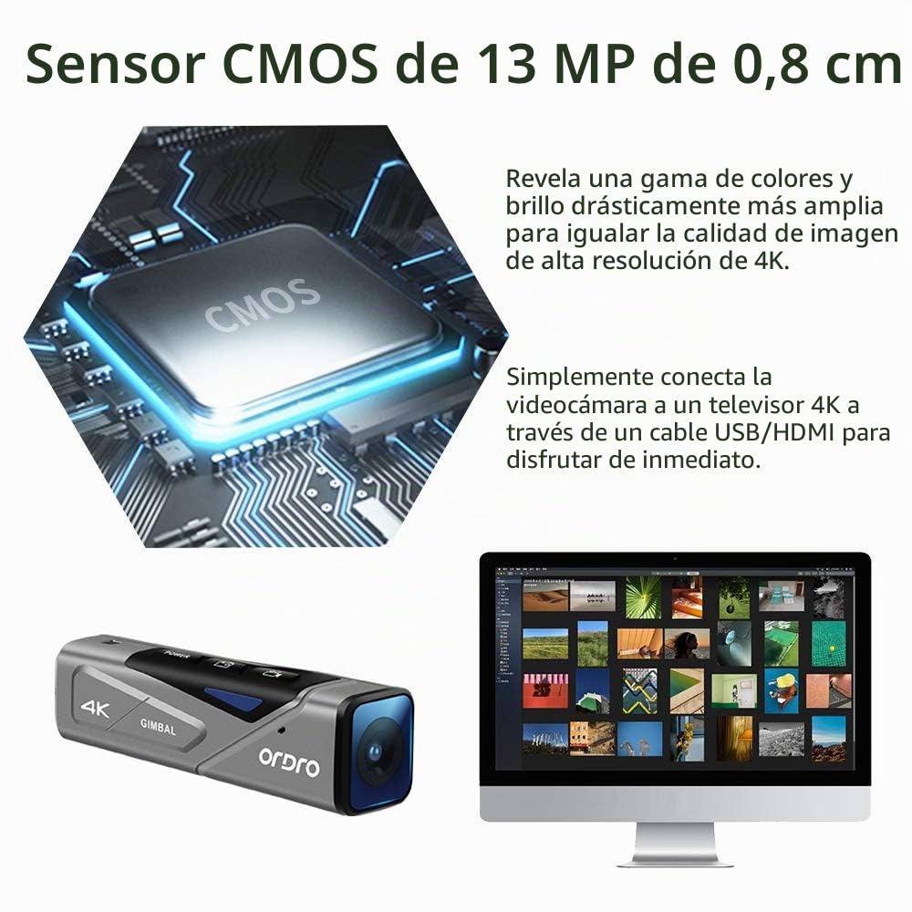 ORDRO videocamara Manos Libres 4K EP7 Cámara portátil, cámara de Video Ultra HD 4K 30FPS con estabilización de Imagen de cardán, Enfoque automático y Control Remoto y Tarjeta miscrosd de 64Gb