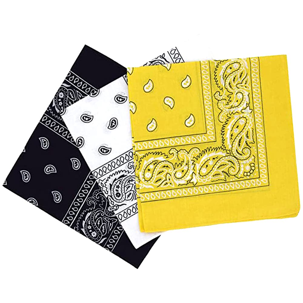 Kav Unisex Black, White, Yellow 55X55cm Set Of 3 Bandanas Face Mask Assorted Cowboy Multifunctional Paisley Bandana - Novelty Print Head Wrap Scarf Wristband For Outdoor Sports, Hiking, Cycling
