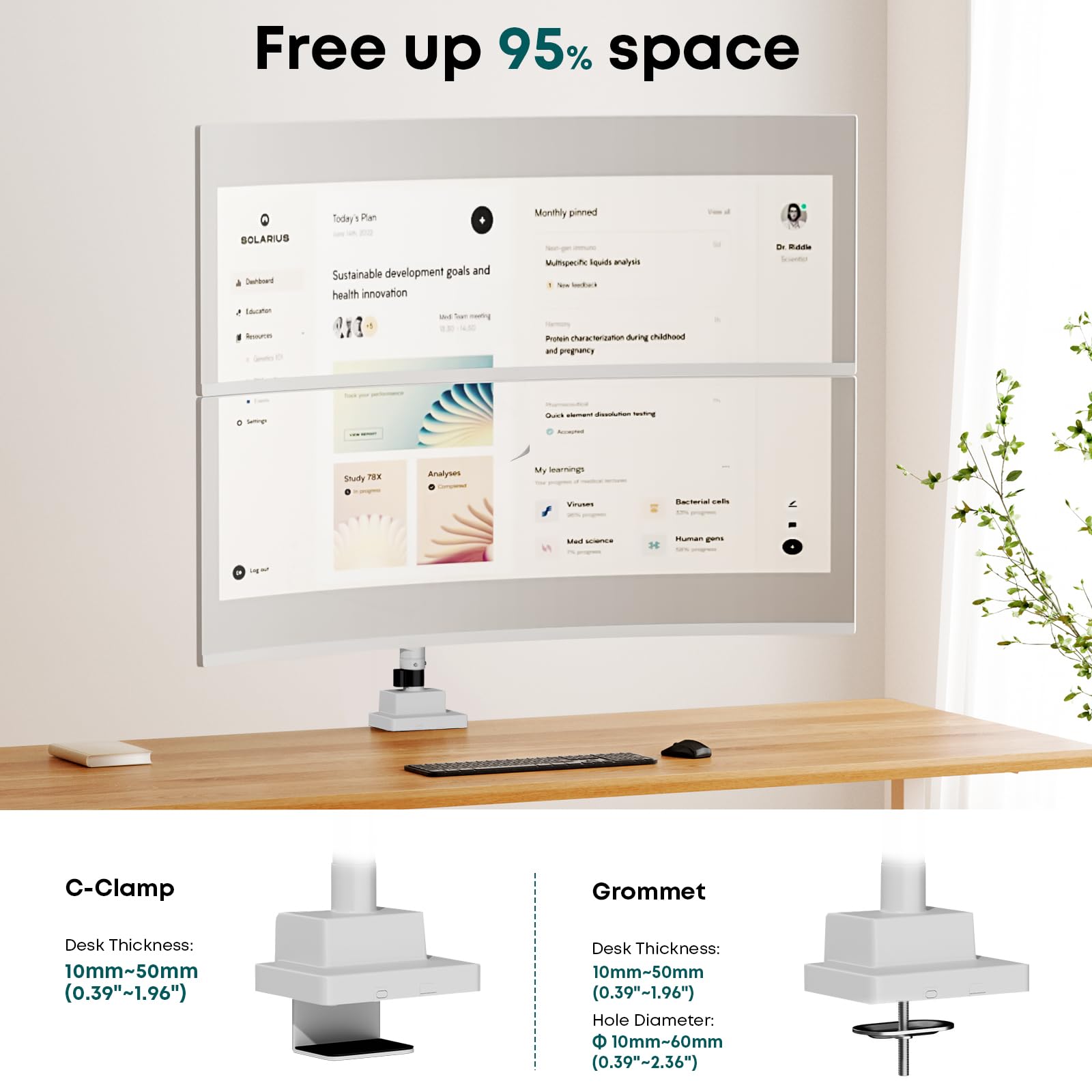 Braccio Monitor Doppio Verticale per 24-57-pollici - Regolazione Dell'altezza con Inclinazione e Girevole Supporto Doppio Monitor, Capacità di Carico da 2-27 kg, VESA 75/100/200 mm, Bianco