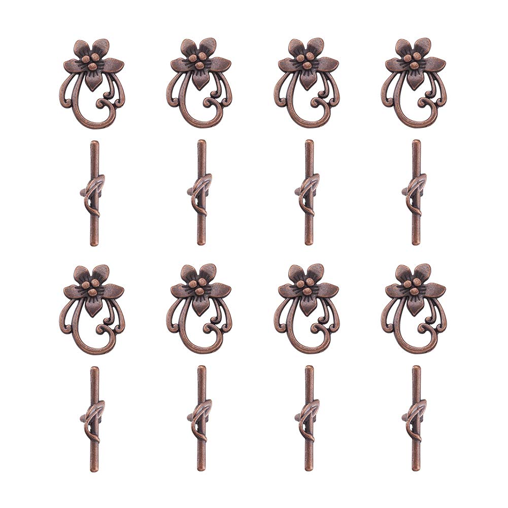 Craftdady 10 Sets Flower Toggle Clasps Red Copper Toggles Jewellery Clasp Necklace Catch for Craft Bracelet Jewelry Making