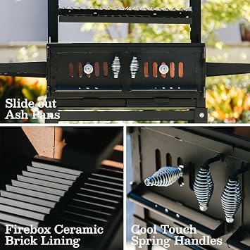 Ash & Ember Santa Maria Grill, Steel Wood & Charcoal Argentine Grill, Hand Wheel for Adjustable Heat Control, BBQ Grill with V-Grates & Grease Trap, Argentinian Grills with Bottom & Side Shelves
