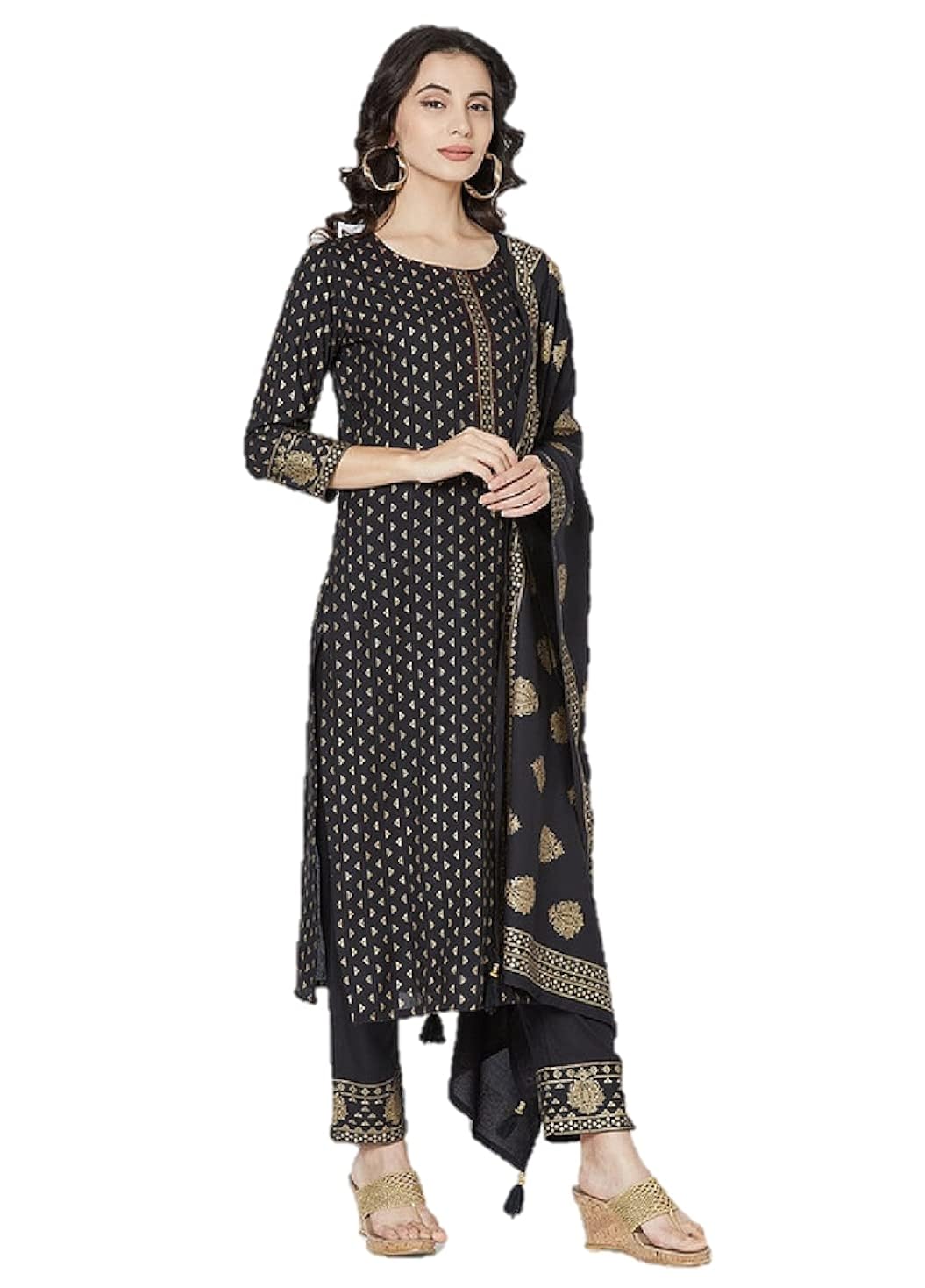 Buy Women Kurta Pant with Dupatta Set (42) Black at Amazon.in
