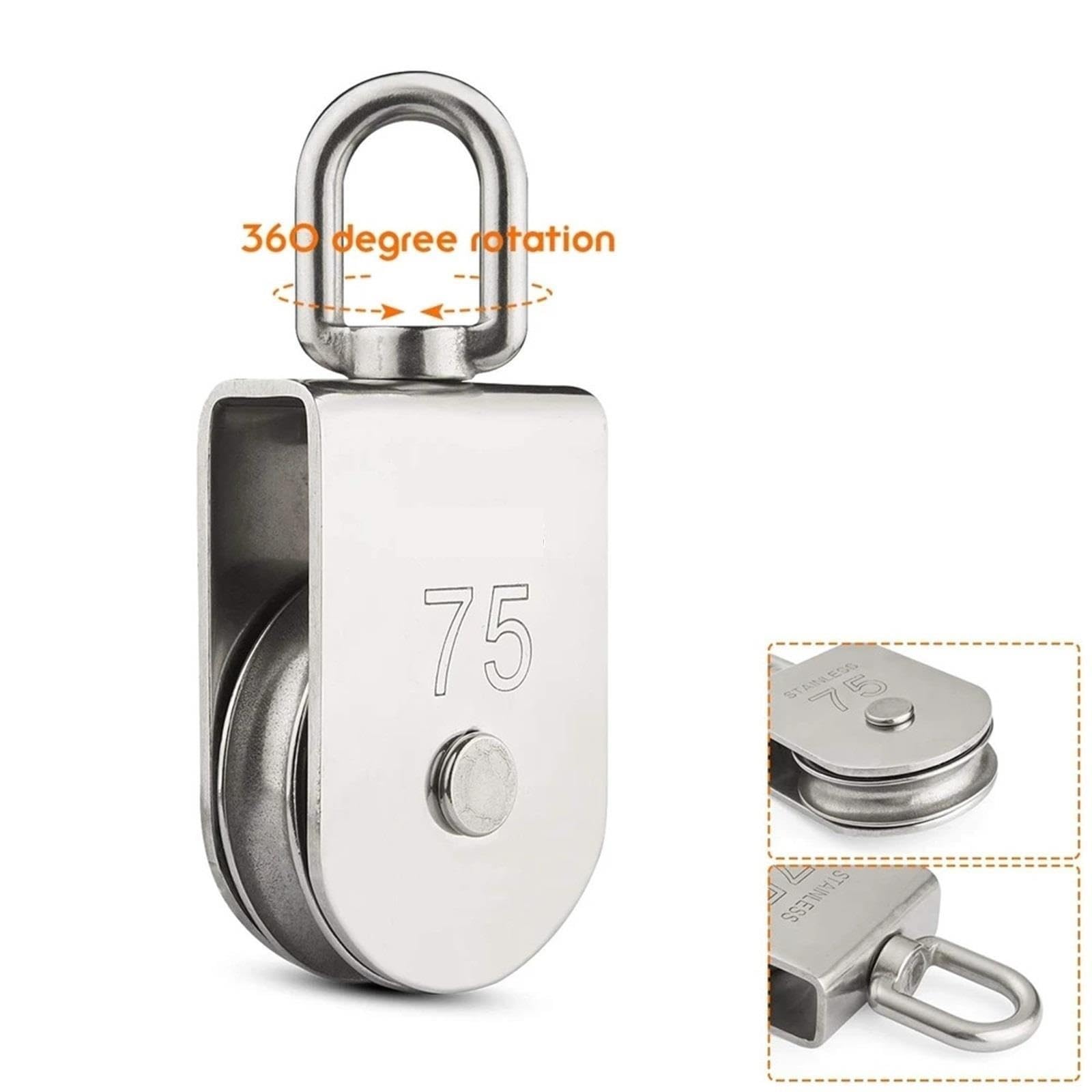 Polea Bloquear Polea única elevación, carga 1322 libras, bloque polea cuerda elevación giratoria resistente acero inoxidable, polea 75mm poleas de acero inoxidable