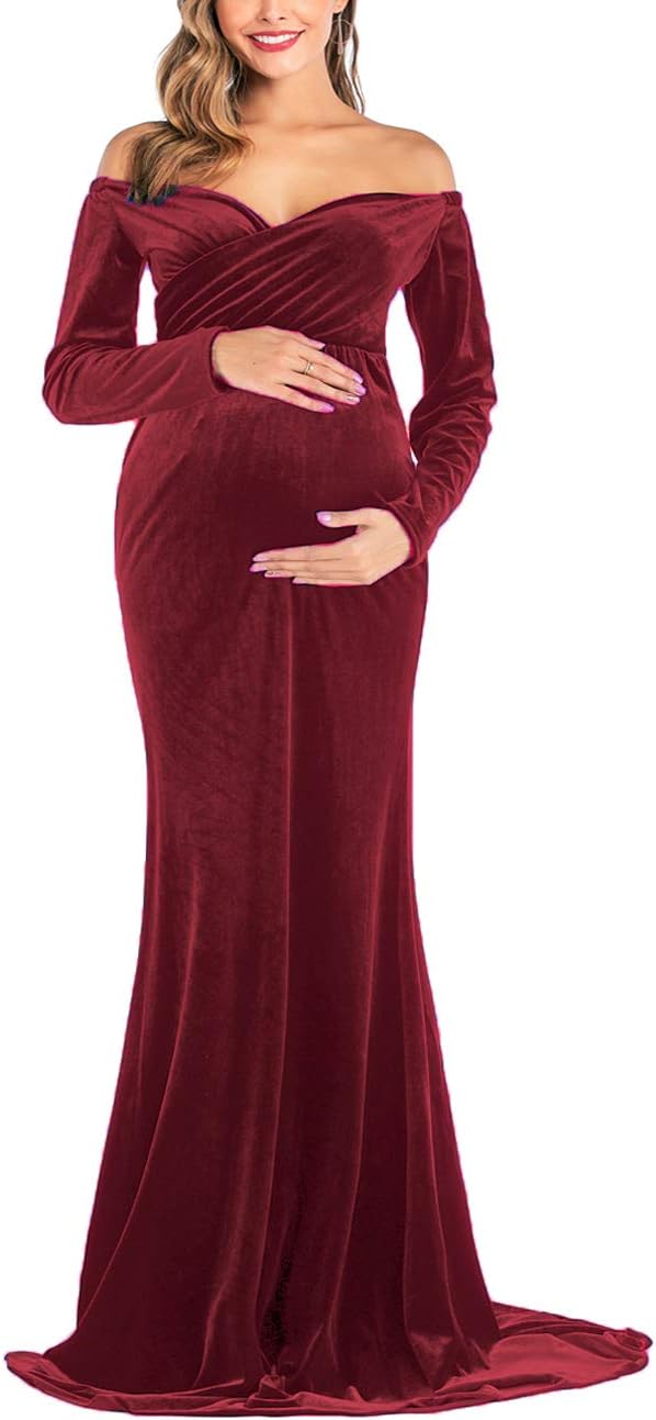 open lace back dress Sunnderly Off Shoulder Long Sleeves Maternity Dress for Photoshoot Velvet  Robe Maternity Gown Baby Shower Dress Army Green Size 0 at Amazon Women's  Clothing store