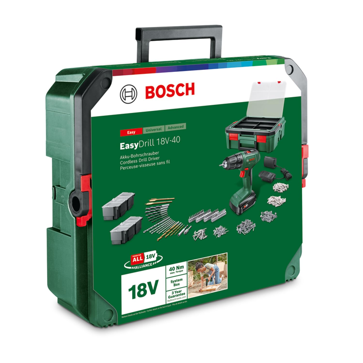 Bosch atornillador a batería EasyDrill 18V-40 (atornillar o taladrar en madera, metal y plástico; 241 puntas; 1 batería de 1,5 Ah y cargador; sistema de 18 V; en SystemBox)