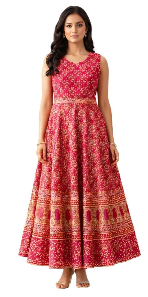 Anarkali Cotton Dress, Pink Floral Print, Sleeveless, Full Length, Ethnic Wear for Women-image-14