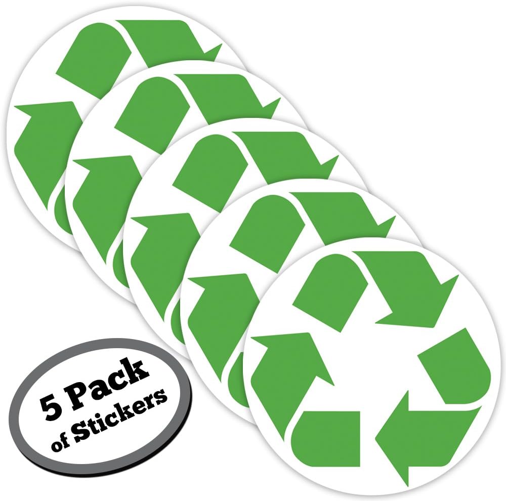 Recycle Symbol Sticker，Sign Decal，5 inch Round Recycling Bins & containers for Recycled Plastic, Paper, Cardboard, Trash, Glass, Bottles, Aluminum cans and Newspaper recyclables(5 Pack,Green/White)
