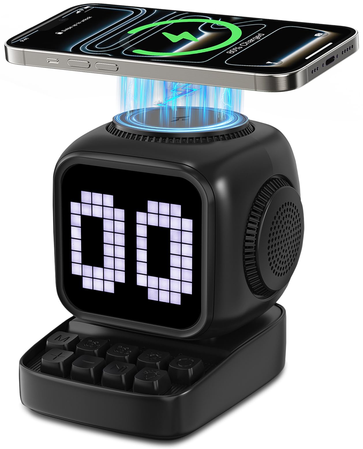 Altoparlante Bluetooth 5 in 1 con robot retrò: caricatore wireless da 15 W, schermo LED pixel, suono stereo da 10 W e 15 rumori bianchi, sveglia, altoparlante wireless portatile carino per camera da