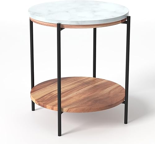 Miniatura 7 de Relso Lyra Mesa auxiliar superior de mármol, estante de madera de acacia, patas de metal negro, redondas de 22 pulgadas, blanco y negro, moderno de