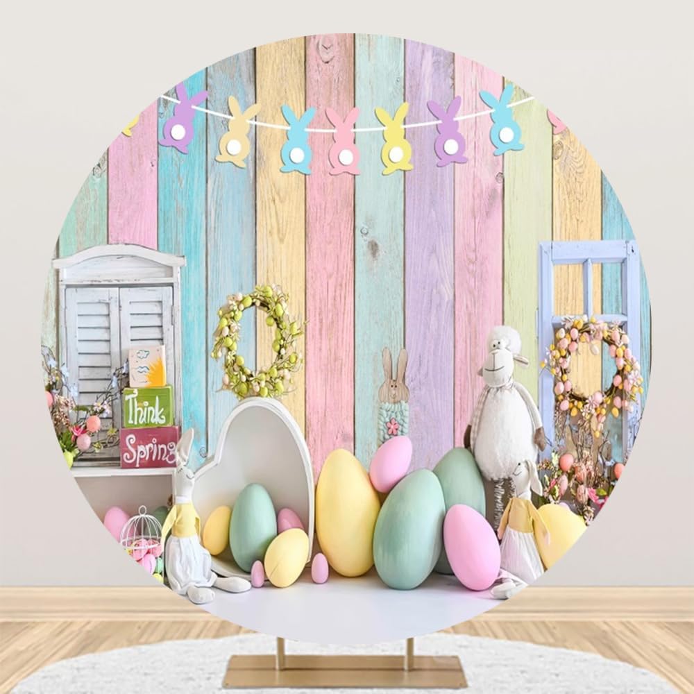 Spring Easter Round Backdrop Cover 7.2ft Colorful Easter Eggs Round Backdrop Cute Easter Party Circle Backdrop Cover for Decorations Rustic Easter Wood Background Photo Prop