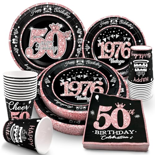 Image of 50th Birthday Decorations Rose Gold, Service for 30, Vintage 50th Birthday Party Supplies Includes Rose Gold 1976 Plates, Napkins,Cups, Plates and Napkins for Women