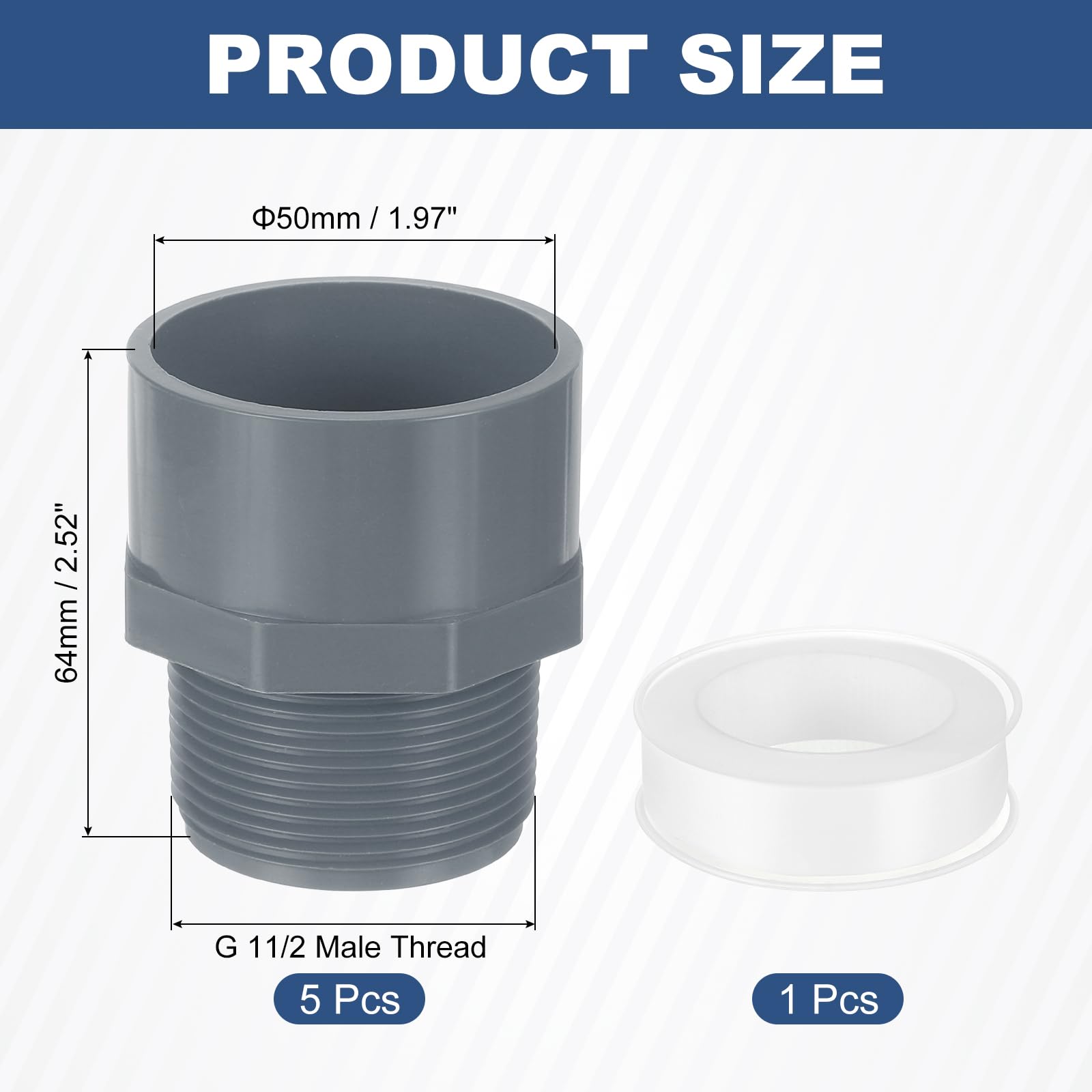 QUARKZMAN Adattatore Maschio in PVC per Tubi, 5Pz Connettori a 2 Vie per Tubi in PVC da 1-1/2" con Nastro Sigillante (Presa x Filettatura Maschio), Accoppiatore Adattatore (Grigio)