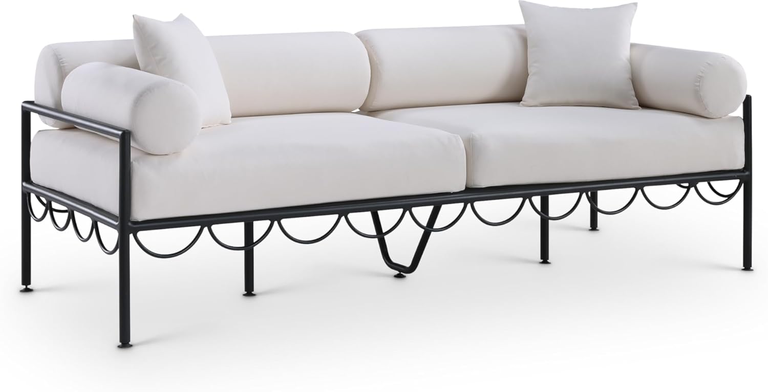 Meridian Furniture 55031Cream-S Portofino Collection Art Deco Outdoor Patio Sofa with Matte Black Aluminum Frame, 85.75" W x 34" D x 30.75" H, Cream