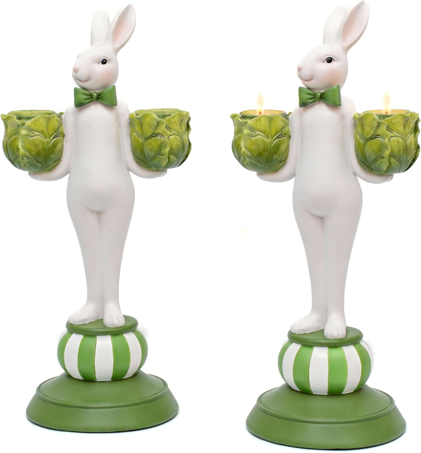 Bunny Candle Holders Set of 2, Hand-Painted Rabbit Figurines Home Decor, Taper Candlestick Holders Centerpiece, Vintage Resin Decorations for Dining Room Table
