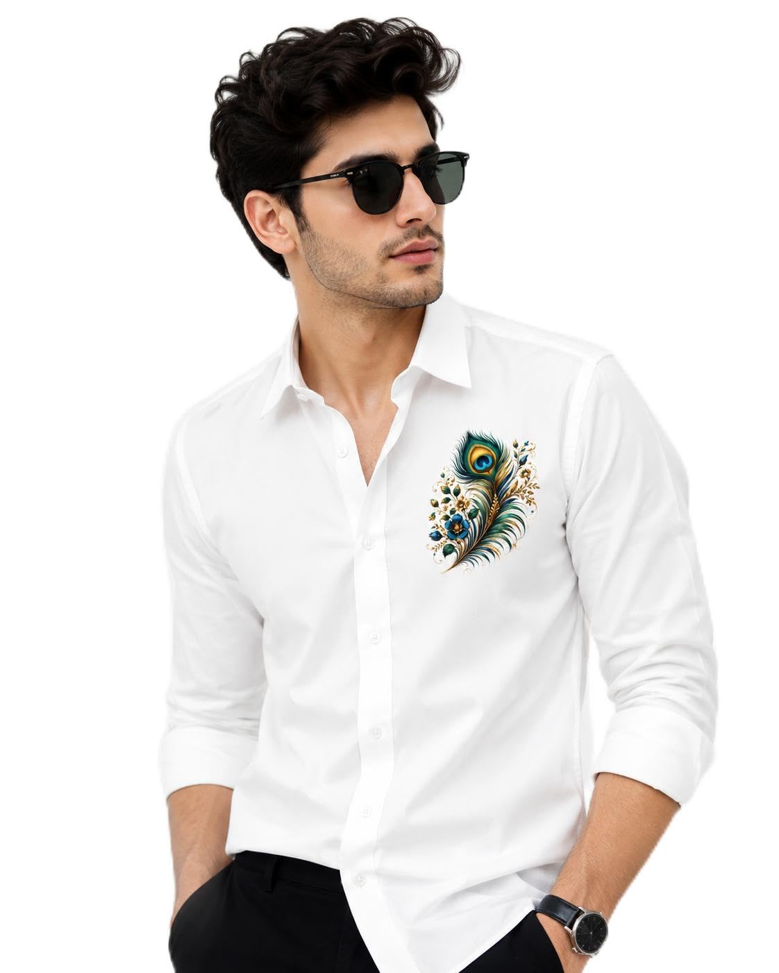 Men’s White Full Sleeve Shirt with Peacock Feather/Morpankh Printed Design-picture-54