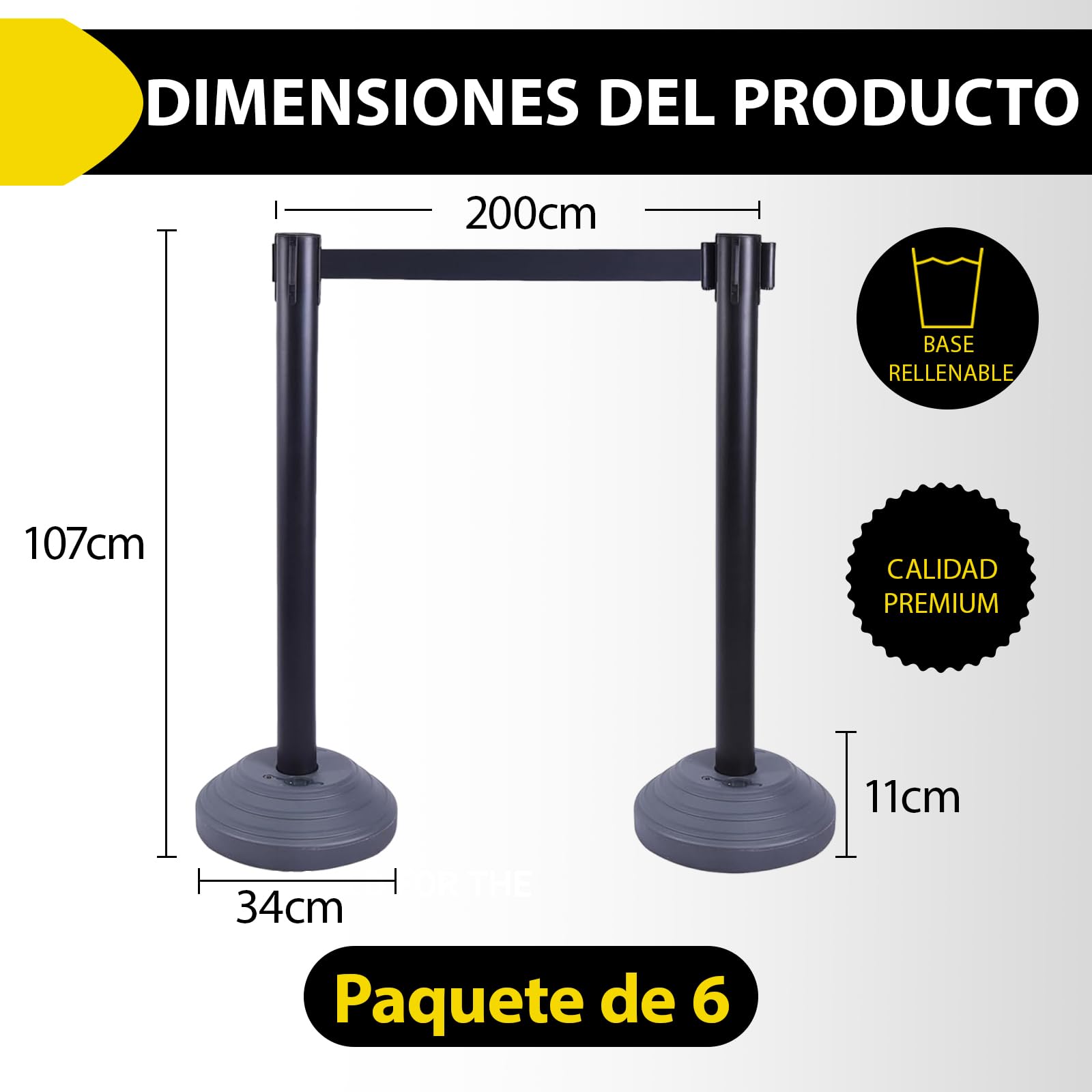 6 postes de acero inoxidable para delimitar, con correas retráctiles de 200 cm y base rellenable, gestión de colas, se utiliza en hoteles y salas de exposiciones (negro-negro)