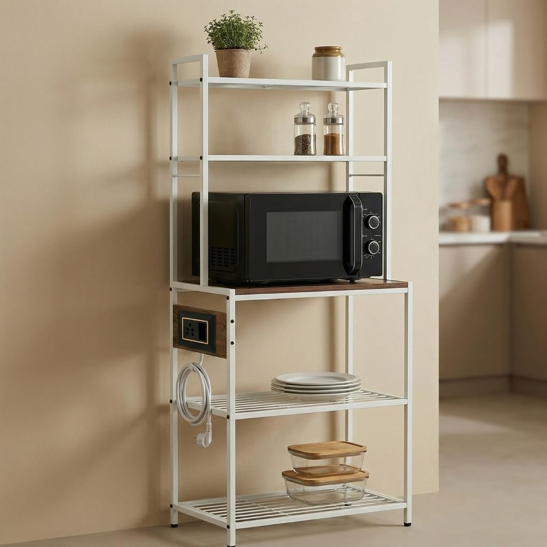 ecofynd White 5-Tier Heavy Duty Metal Storage Rack with Electricity Board for Kitchen Organizer, Storage Shelf, Living Room Shelf, Bakers Rack for Kitchen, Microwave, Coffee Machine Stand (KR001-WHT)-image-7
