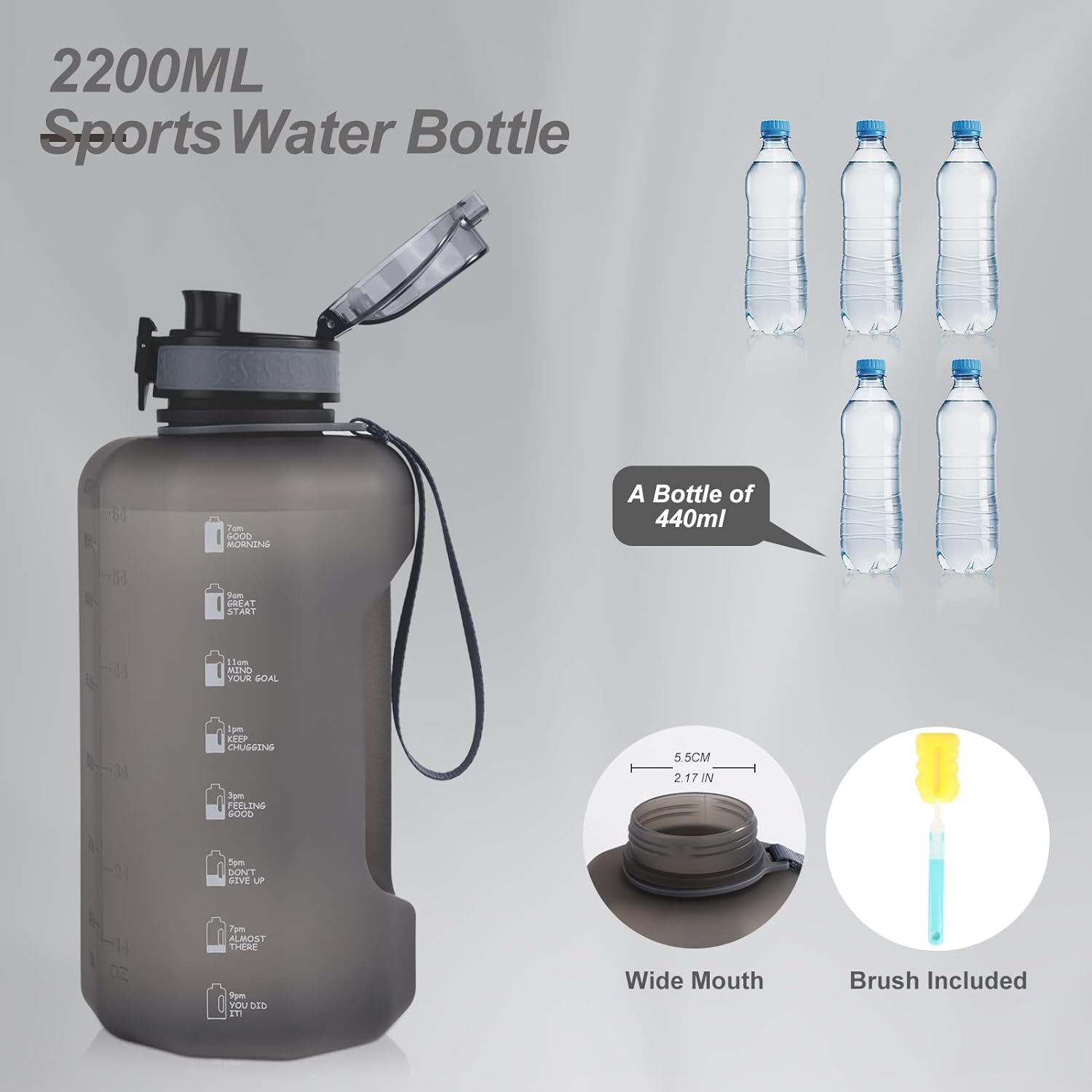 GEMFUL 74oz Water Bottle with Handle Half Gallon BPA-Free Sports Jug for Gym Hiking Travel 2.2L Large Capacity Leak Proof Easy Carry (Grey no Straw) - Image 2