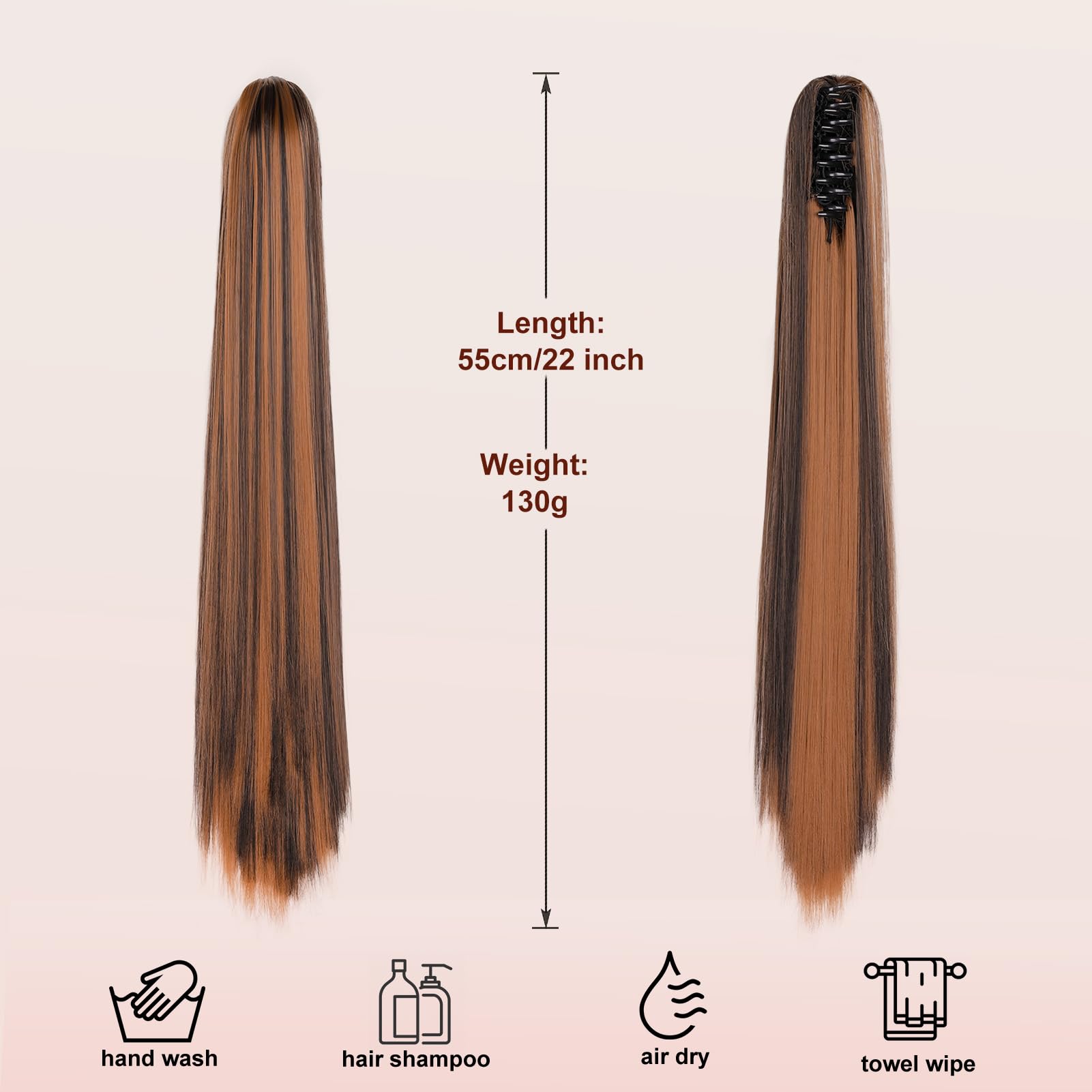 Dcbaboo 22inch Claw Clip in Ponytail Hair Extensions Long Straight Ponytail Extension Synthetic Pony tails Natural Wave One Piece Hairpiece Fake Ponytail for Women Dark Brown & Auburn - Image 3