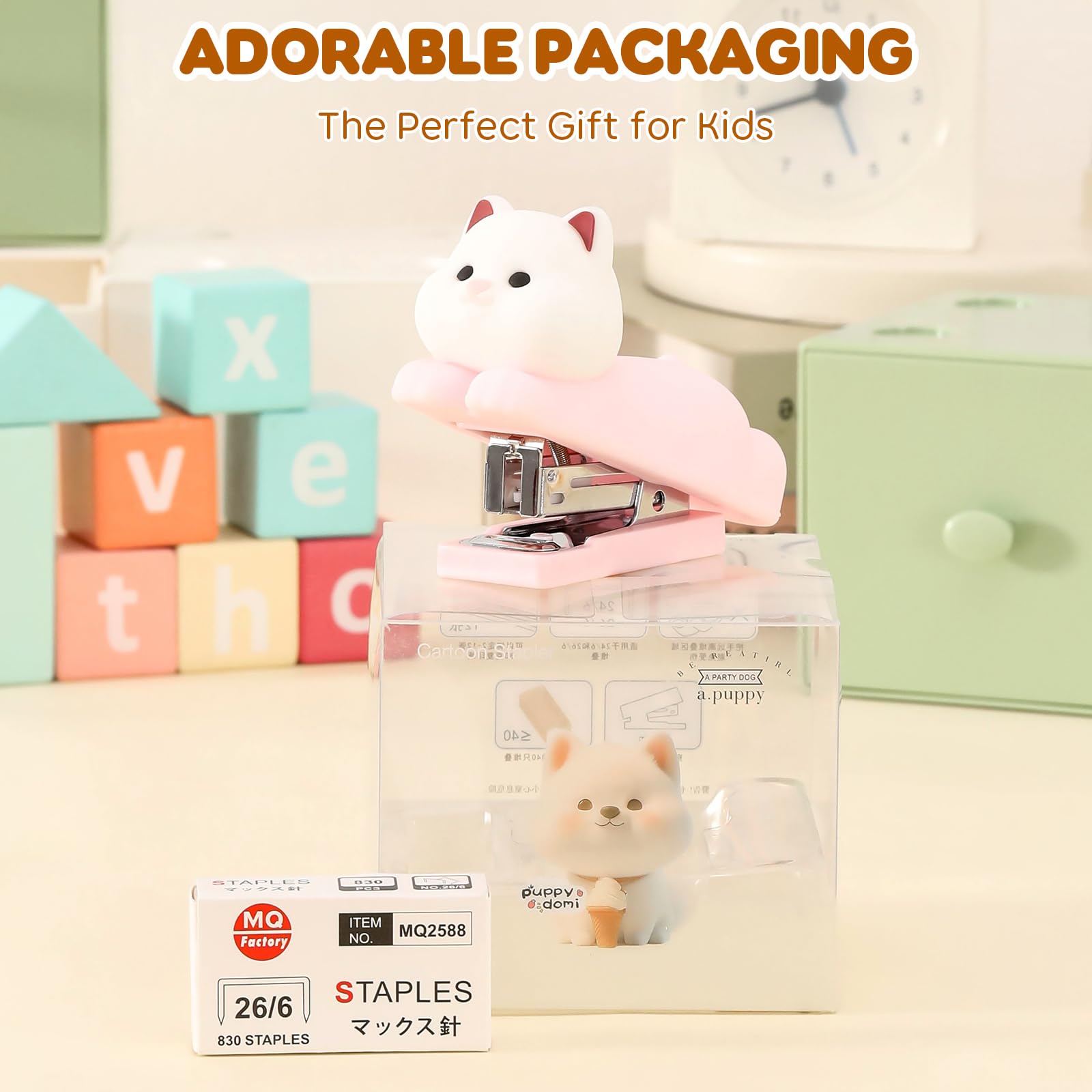 Honagu Mini Cute Animal Stapler with Staples, Cartoon Stereoscopic Silicone (PVC) Stapler, Labor-Saving Office Supplies for Teachers, Students,Girls,Gift Stocking Stuffers for Kids( Puppy): Pink