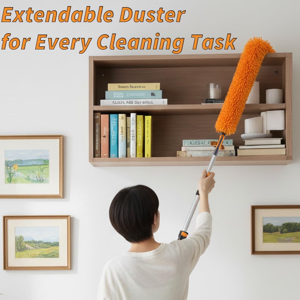 Plumeau Flexible de 1,5 à 1,5 m pour Ventilateur de Plafond avec Perche d'extension // Nettoyeur de pales de Ventilateur de Plafond en Microfibre // Brosse de Ventilateur Lavable et Manche