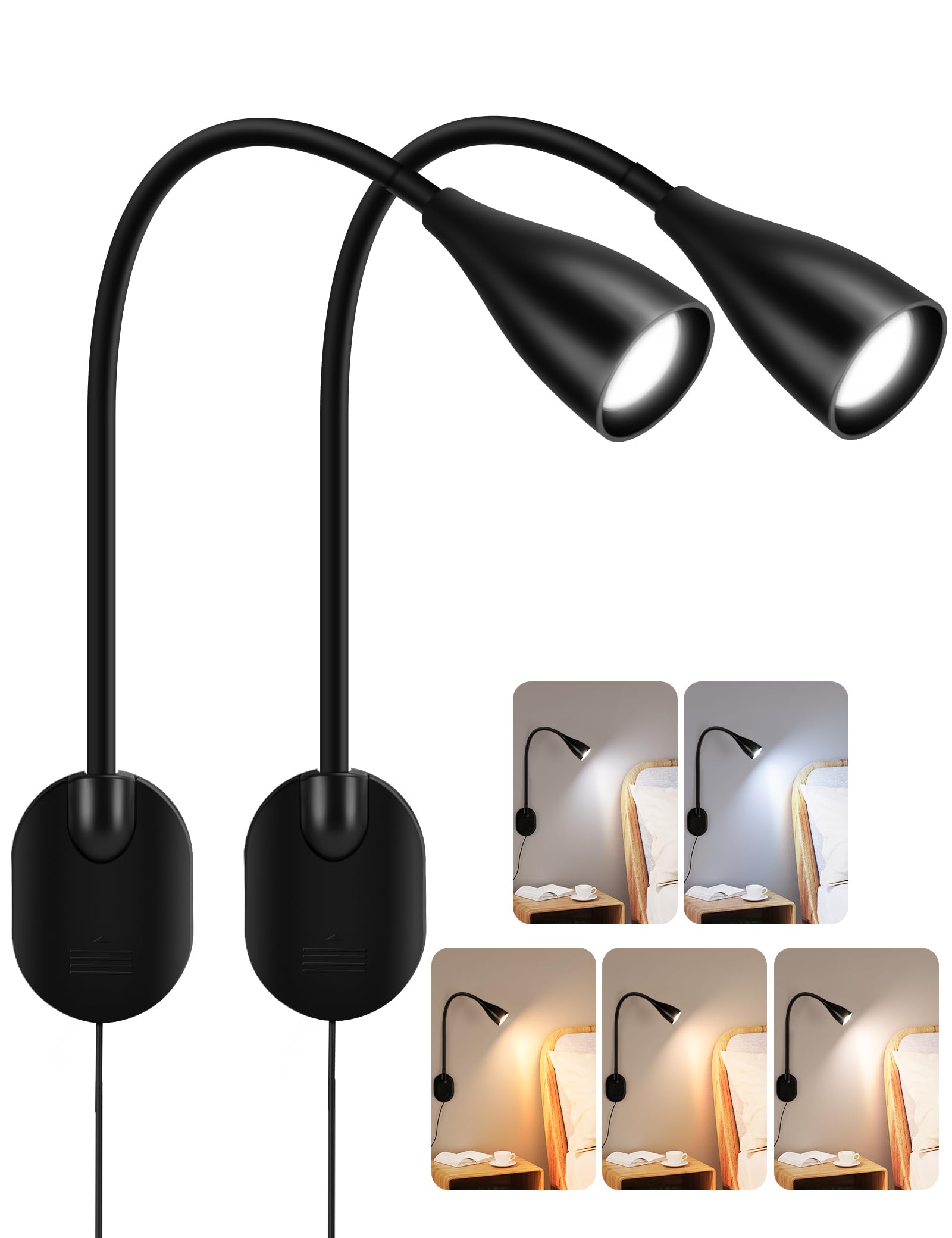 LiFMIRA LED-Nachttisch-Leselampe zur Wandmontage, mit USB-Ladeanschluss, 10-stufig dimmbar und verstellbar, 5 Farben, Plug-in-Nachtlampe für Bücher im Bett, augenschonende Schlafzimmerbeleuchtung