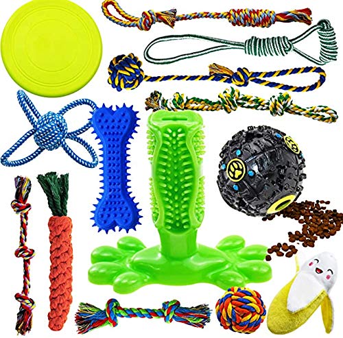 YCHOULEK Dog Chew Toys for Puppies Teething, 14 Pack Dog Rope Toys Tug of War Dog Toy Bundle Toothbrush iq Treat Ball Squeaky Rubber Bone Durable Dog Chew Toys