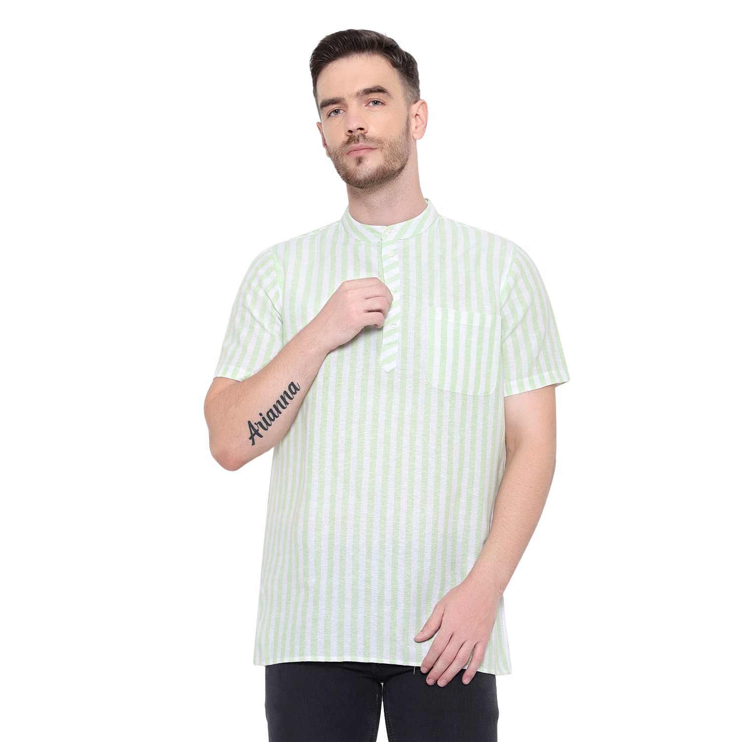 Half Sleeves Round Neck T-Shirt Cotton Blend Fabric Solid Short Sleeve Kurta for Men - Festival and Puja Wear-image-30