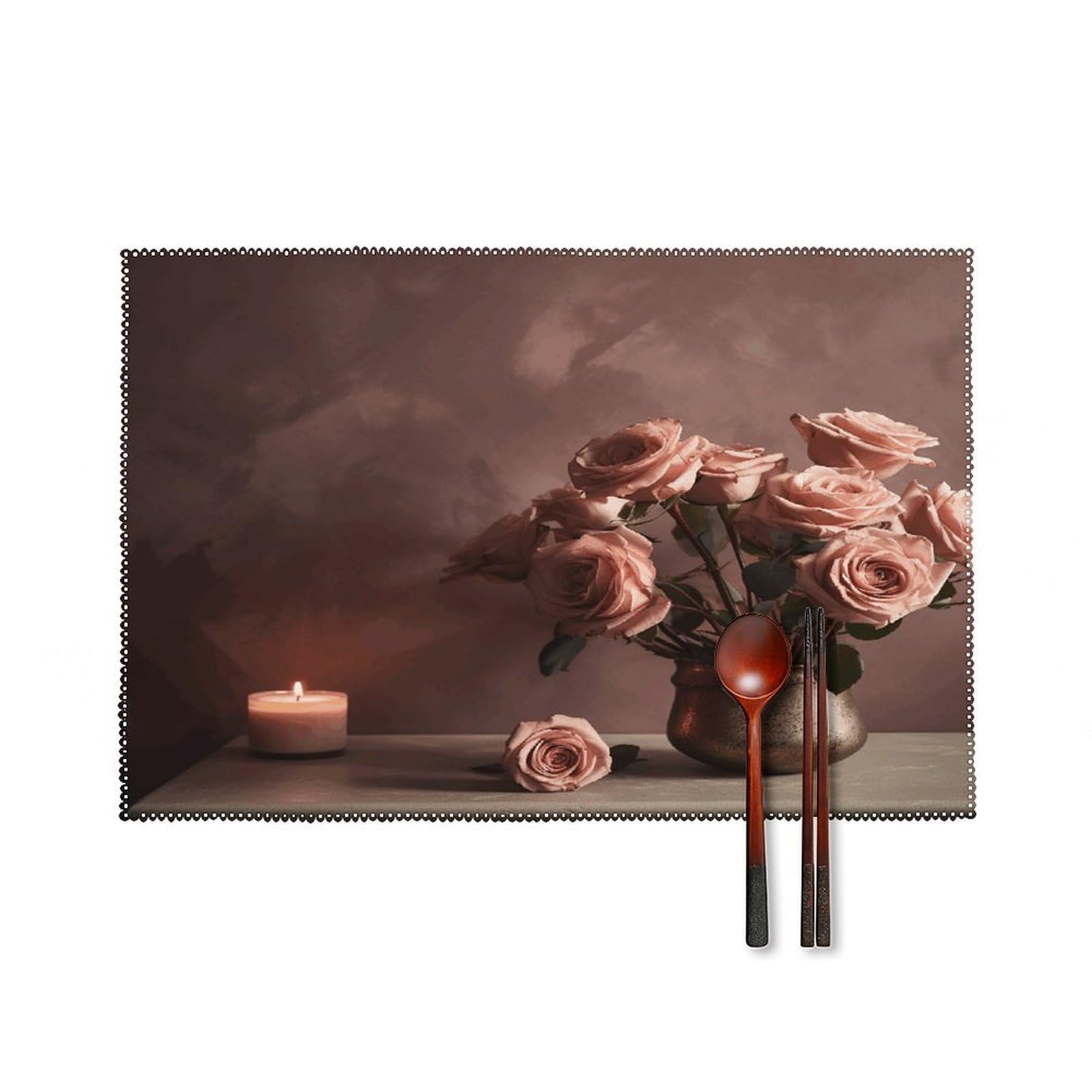 Roses and Candles Placemats Set of 4 Heat Resistant Non-Slip Place Mats for Dining Table Washable Placemat Wipeable Dining Table Mat Canvas Place Mats Dining Table Decor