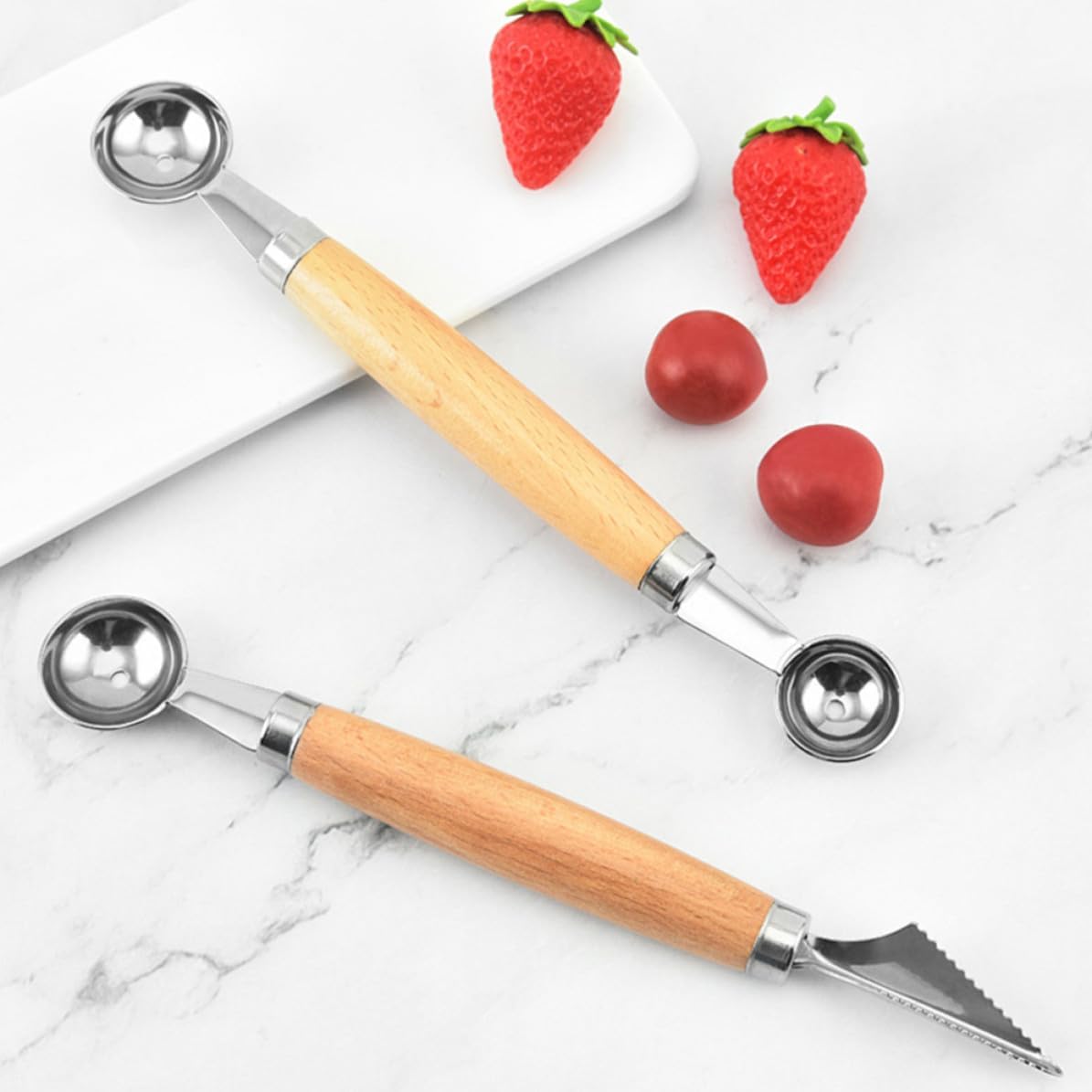 2pcs Multi-function Fruit Spoon Melon Scooper Stainless Steel Beech