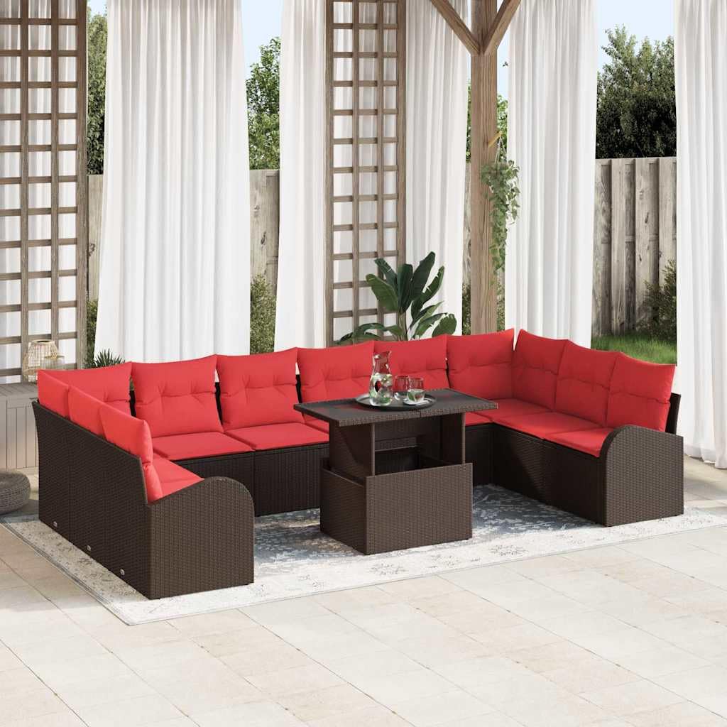 Set di divani da giardino in polyrattan, 11 pezzi, tavolo marrone | Salotto modulare per 10 persone per terrazza e balcone, rattan intrecciato resistente alle intemperie con cuscini rossi e