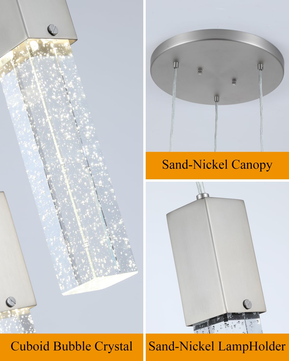 huong son 3-Light Modern Bubble Crystal Pendant Lights Brushed Sand-Nickel with 4000K GU10 LED Bulbs, Adjustable Pendant Lighting for Dining Room, Kitchen Bar, Bedroom