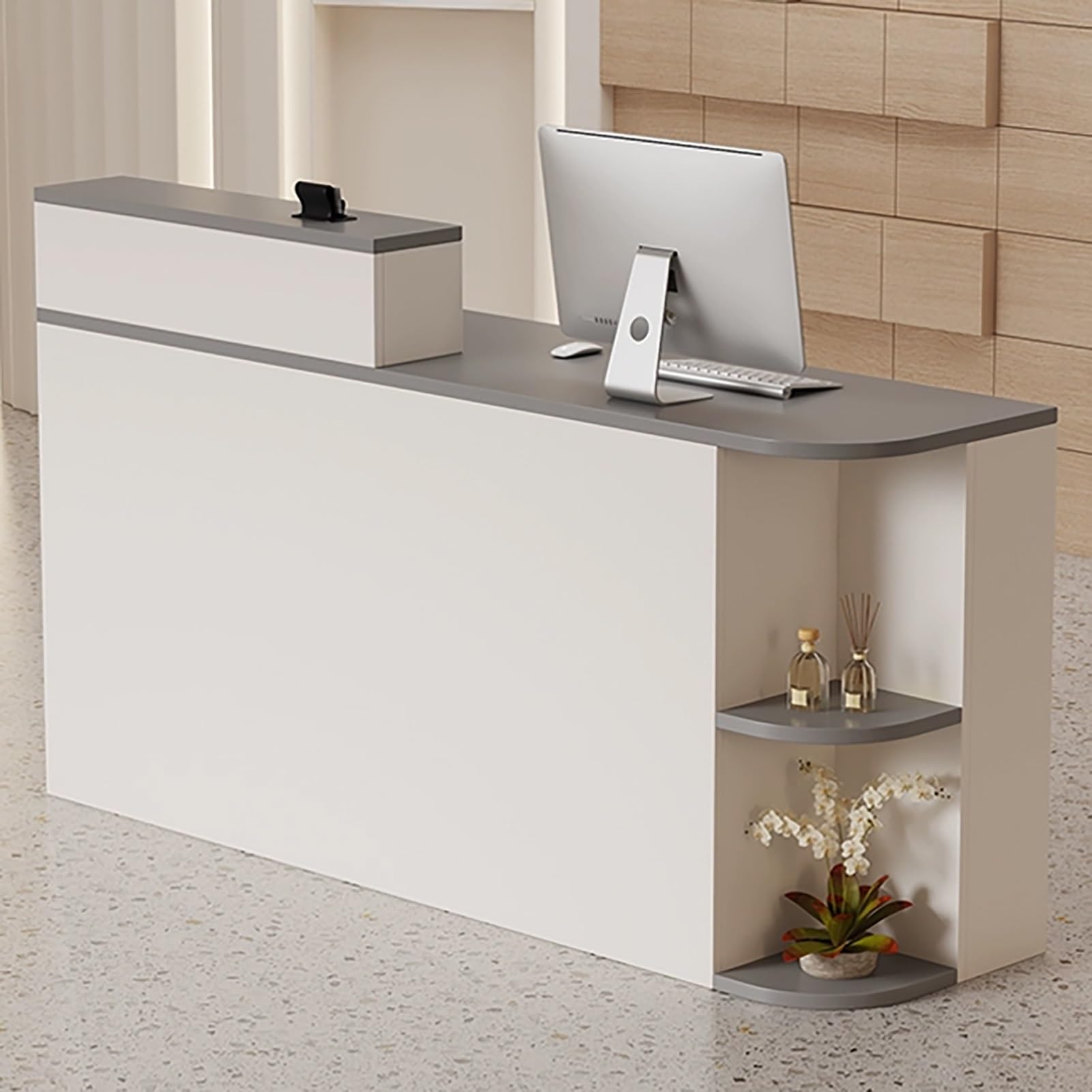 Generico Banco Reception Moderno Grigio con cassetto e Ripiani angolari, Ideale Come banco Cassa per Negozi, uffici, saloni di Bellezza o Punti Vendita (100x50x105 cm).