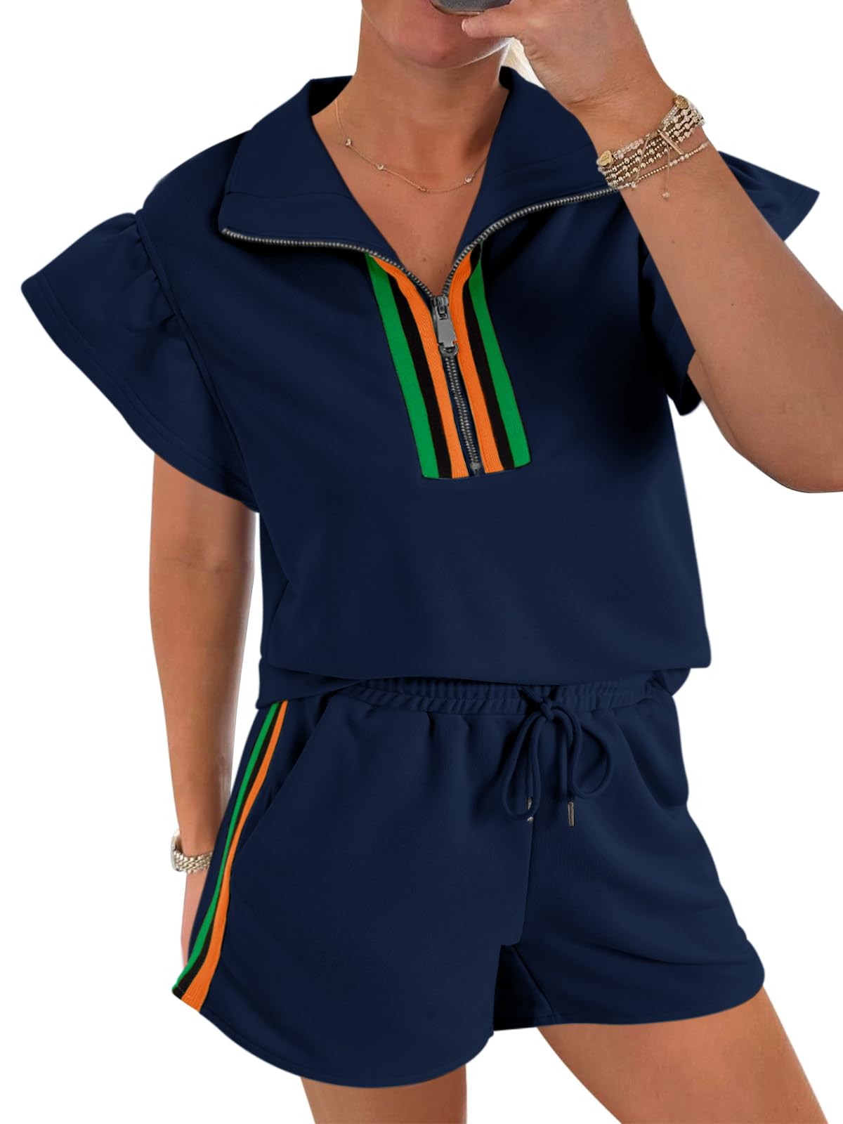 Womens 2 Piece Outfits Summer Color Block Tracksuits Quarter Zip Cap Sleeve Tops Elastic Waist Shorts Lounge Sets-image-29