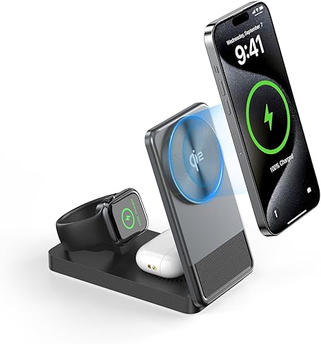 Miniatura 1 de Estación de carga inalámbrica 3 en 1, certificado Qi2, cargador rápido de 15 W para iPhone serie 1615141312, Apple Watch, AirPods, base de viaje