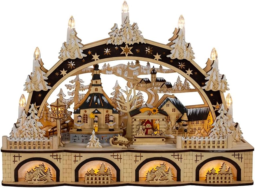 Kurt S. Adler Kurt Adler 17.72-inch Wooden LED Light-Up Candle Christmas Village, Tan