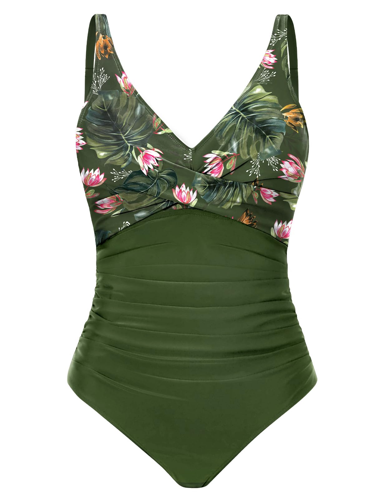 CMTOP Badeanzug Damen Bauchweg V Ausschnitt Einteiliger Badeanzüge Pushup Schlankheits Bademode One Piece Rüschen Bauchkontrolle Schwimmanzug Ruched Swimsuit Strandmode mit Bügel(Grüner Aufdruck,XL)
