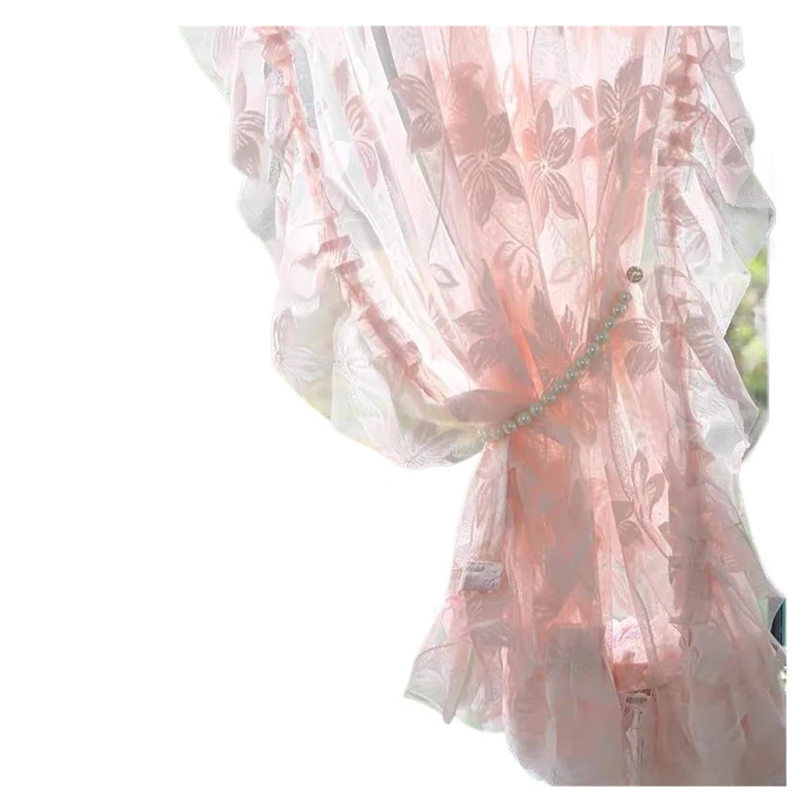 HEUchuan Ruffled Curtains Idyllic Rural Pink Pentapetal Flowers Tulle Curtains Lace Warp Ruffled for Kitchen(ROD POCKET_1 PC W200 X H150 CM)