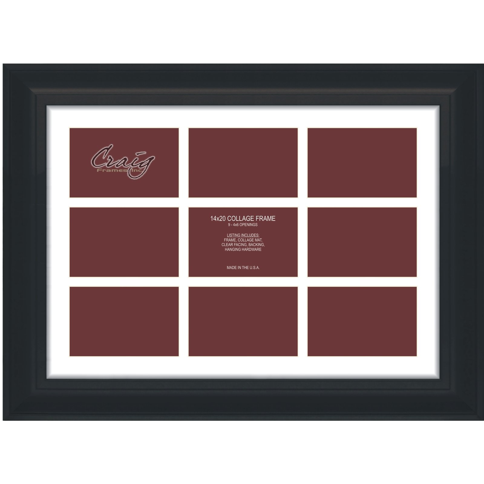 Craig Frames21834700BK 14 by 20-Inch Black Picture Frame, Single White Collage Mat with 9-4 by 6-Inch Openings