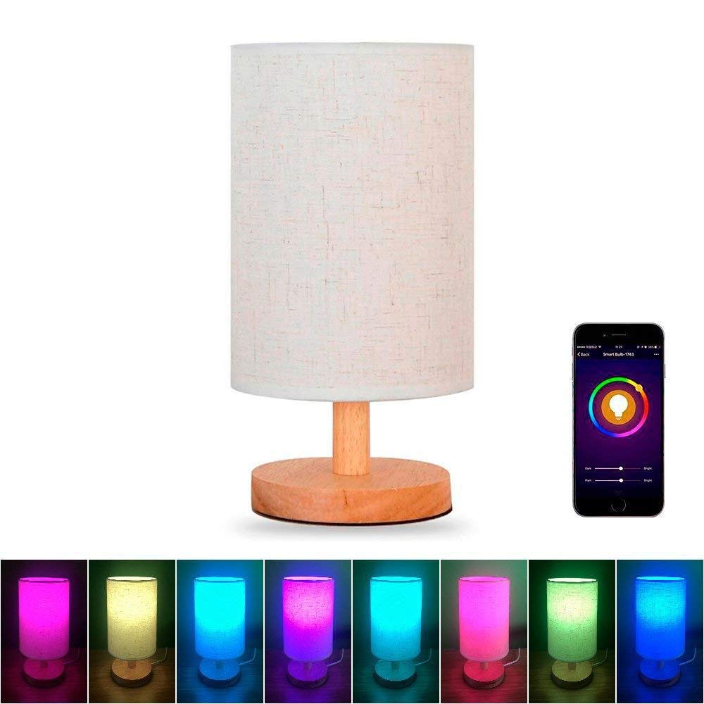 Smart WiFi Desk lamp LED Wooden Bedside Table Light RGB +W Discoloration Dimmable for Android and IOS Compatible with Tmall Elf Amazon Alexa and Google Home